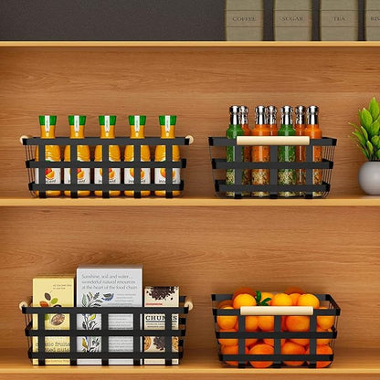 2 Pack X-Large Wire Metal Baskets Thick functional Storage Organizer Farmhouse fruit Bin with Wood Handles for Pantry Cabinets Rustic Kitchen Counter Closet Under Sink, Entryway- Black Upgraded