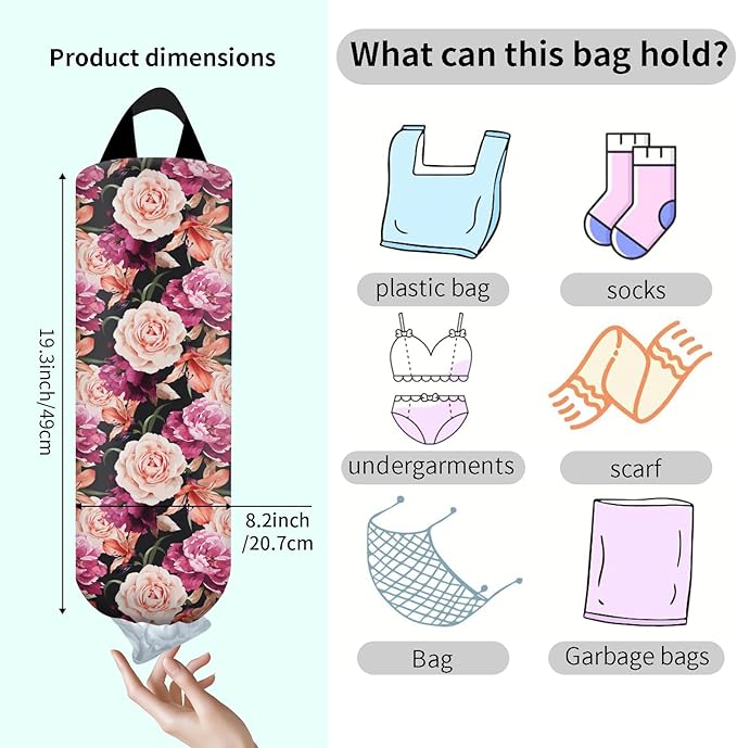 Plastic Bag Holder, Wall Mount Grocery Bag Organizer, Funny Hanging Trash Storage Dispenser for Home Kitchen Cute Pink Floral