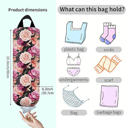 Plastic Bag Holder, Wall Mount Grocery Bag Organizer, Funny Hanging Trash Storage Dispenser for Home Kitchen Cute Pink Floral