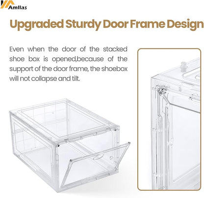 Amllas 12 Pack Clear Shoe Boxes Stackable,Shoe Storage Boxes for Closet,Sturdy Shoe Box Storage Containers with Clear Door,Sneaker Storage,Easy to Assemble,Fit up to US Size 12(13.8”x 9.84”x 7.1”)