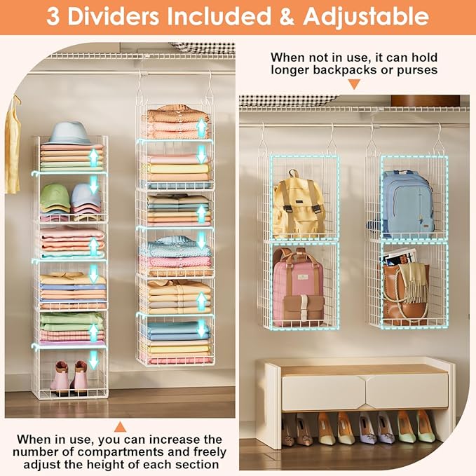 6 Tier Hanging Closet Organizer, Sweater Organizer for Closet, Stackable Wire Storage Basket Bins for Clothes Purse Shoes, Hanging Shelves with 4 Hooks & 3 Dividers Adjustable