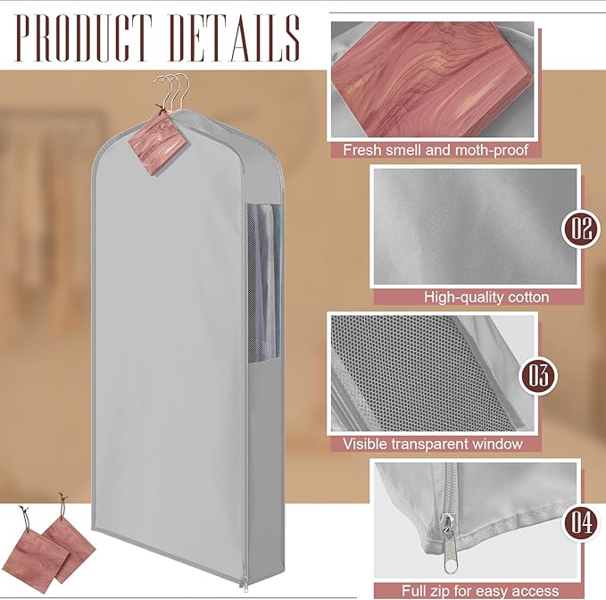 2 Set 40in Short Cotton Garment Bags, 6in Wide Gusset Hanging Storage Clothes with 8 Cedar Blocks, Transparent Mesh Window, Breathable Closet Bags for Fur Coat Suit Sweater Dress, Gray