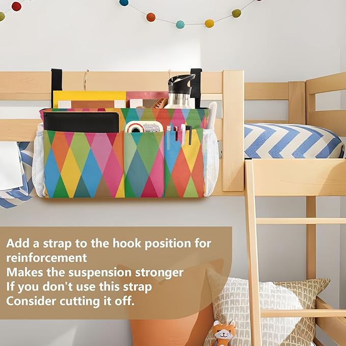 CuwrYet Bedside Caddy Hanging Bunk Bed Caddy Bed Organizer Hanging Pocket with 2 Hooks Bedside Storage Organizer Pocket Bag Holder Pink Green Argyle