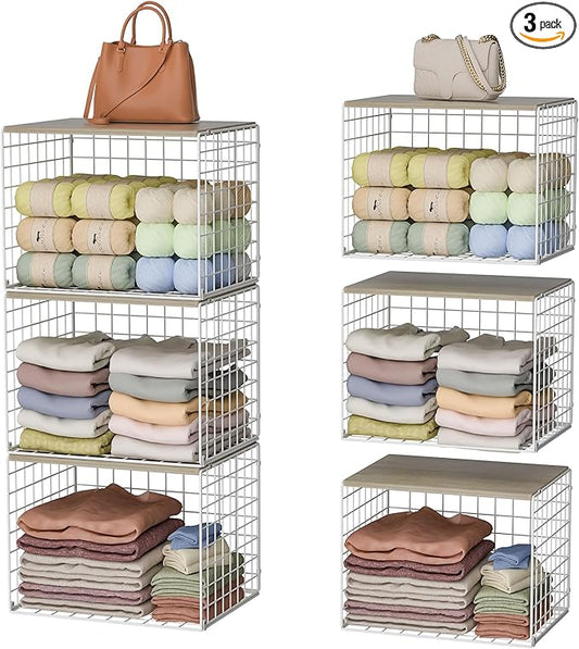 Wider Stackable Closet Organizers and Storage with Top Board, 3 Pack Closet Shelf Organizer, Double Storage Design, Clothes Storage Cubes/Bins/Baskets for Wardrobe, Space-Saving, White,Sturdy,Metal