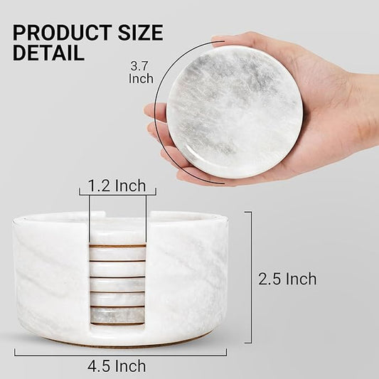 Marble Coaster Set of 6-3.7" Round Marble Drink Coasters, Cork Backing Non-Slip, Office Protect Tables from Stains and Scratches, White