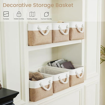 Storage Baskets for Shelves 13.8x9.8x6.7 Inch, Foldable Fabric Storage Bins with Handles, Small Storage Baskets for Organizing Closet, Office, Home Organization (1-Pack, White&Khaki)