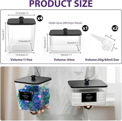 4+1 Pack Clear Laundry Pods Container & Dryer Sheet Holder, Plastic Square Laundry Room Organization and Storage Jars with Black Lids, Scoops & Labels for Detergent, Powder, Dryer Balls