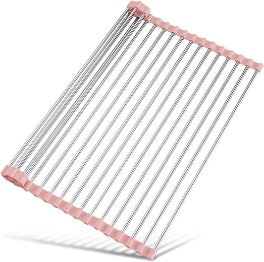 Tomorotec 21" x 15.5" Roll Up Dish Drying Rack Over Sink Drying Rack Sink Cover Kitchen Sink Accessories Gadget Multipurpose Organizer Foldable Stainless Steel Drainer