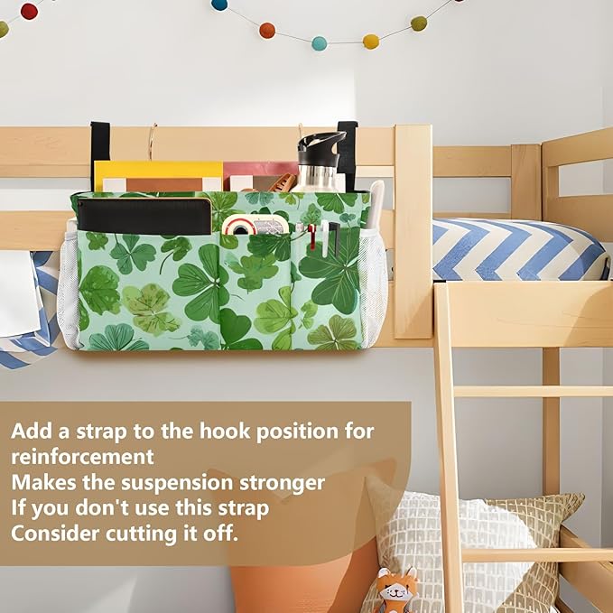 CuwrYet Bedside Caddy Hanging Bunk Bed Caddy Bed Organizer Hanging Pocket with 2 Hooks Bedside Storage Organizer Pocket Bag Holder Green Nature St Patrick Clovers