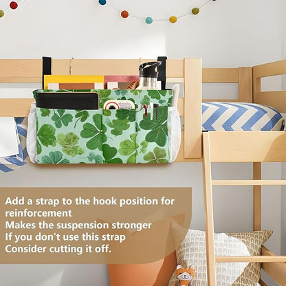 CuwrYet Bedside Caddy Hanging Bunk Bed Caddy Bed Organizer Hanging Pocket with 2 Hooks Bedside Storage Organizer Pocket Bag Holder Green Nature St Patrick Clovers