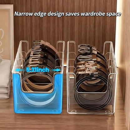 Liznkjious Acrylic Belt Organizer, 2 Pack with 5 Adjustable Dividers, Clear Stackable Belt and Tie Storage Organizer for Closet and Drawer, Multi-Purpose Display Bins for Belts,Ties, Socks, Underwear