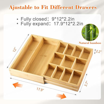 1 Pcs Bamboo Desk Drawer Organizer 2 Inch Height Expandable Drawer Organizer Trays with 13 Adjustable Compartments Desk Accessories for Makeup Silverware Office Bathroom(Wood)