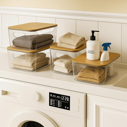 6 Pack Clear Storage Bins with Bamboo Lids, Stackable Organization and Storage Containers with Handle for Pantry, Cabinet, Closet, Fridge, Bathroom, Organizer Bins for Home & Kitchen