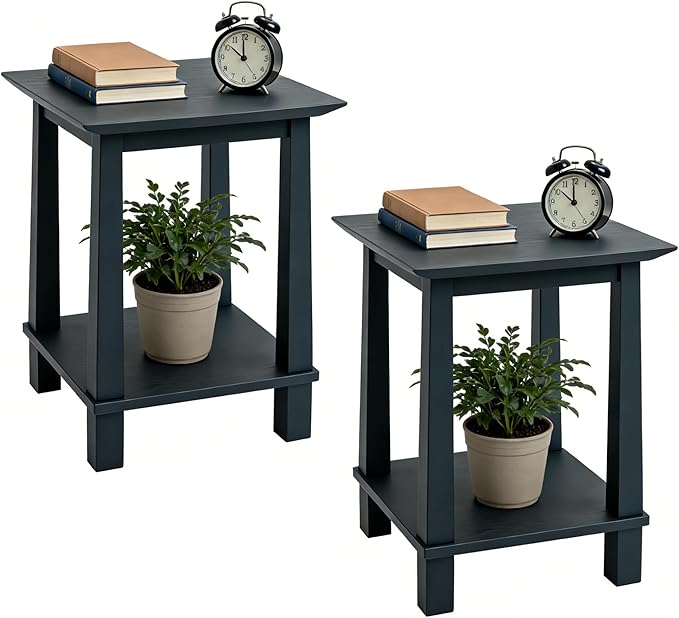 chairus Square Nightstands Set of 2, Modern Accent End Table with 2-Tier Storage Shelf, Solid Wood Small Side Table for Living Room/Bedroom, Black