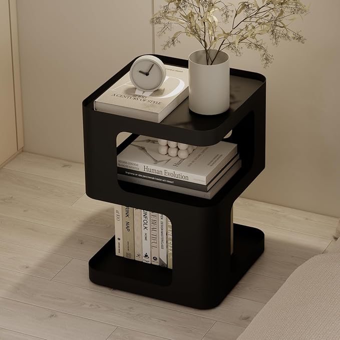 ZEYEXE Modern Side Table, Metal Bedside Table Living Room, 3 Tier end Tables with Storage,Nightstand for Small Spaces, Living Room, Bedroom, Sturdy, No Assembly Required