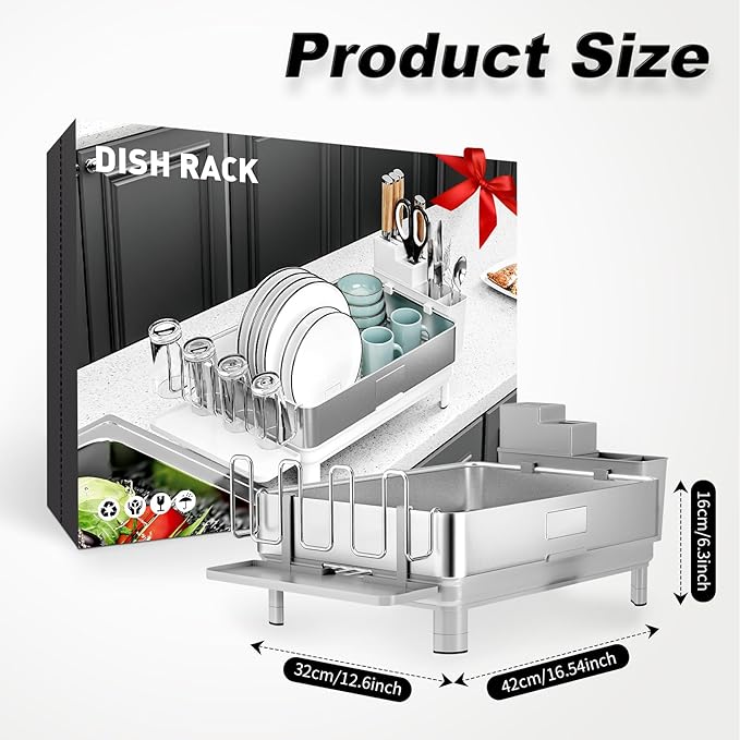 Ewaiira Dish Drying Rack, 304 Stainless Steel Dish Racks for Kitchen Counter, Dish Drainers with Automatic Drainage, Utensil Holder & Cups Holder, Space Saving Kitchen Organizer, Gray