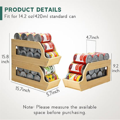 Bamboo Can Organizers and Storage for Pantry, Soda Can Organizer Beverage Drink Holders, Stackable Canned Goods Organizer Can Dispenser for Pantry, Kitchen, Cabinet (2 Pack)