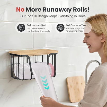KONE Large Trash Bag Holder, 2 Pack Garbage Bag Dispenser, Storage Stackable Kitchen Organizer with Bamboo Top, Wall Mount Laundry Pantry Organization Black