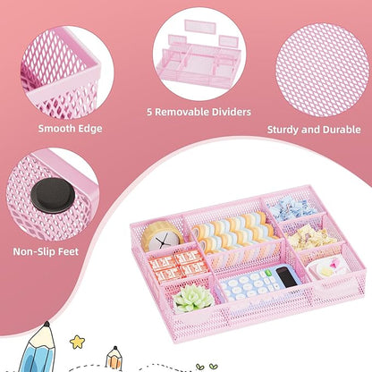 Marbrasse 2 Pack Desk Drawer Organizer, Mesh Drawer Organizer Tray with 8 Adjustable Compartments, Desk Organizers and Accessories, 5 Dividers Drawer for Office Supplies, Makeup & Vanity (Pink)