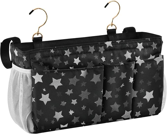 CuwrYet Bedside Caddy Hanging Bunk Bed Caddy Bed Organizer Hanging Pocket with 2 Hooks Bedside Storage Organizer Pocket Bag Holder Silver Stars Black