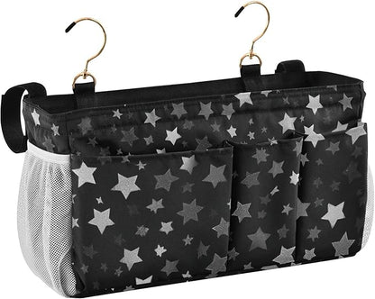 CuwrYet Bedside Caddy Hanging Bunk Bed Caddy Bed Organizer Hanging Pocket with 2 Hooks Bedside Storage Organizer Pocket Bag Holder Silver Stars Black