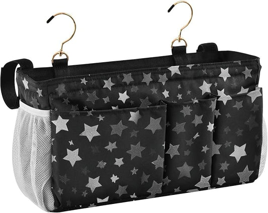 CuwrYet Bedside Caddy Hanging Bunk Bed Caddy Bed Organizer Hanging Pocket with 2 Hooks Bedside Storage Organizer Pocket Bag Holder Silver Stars Black