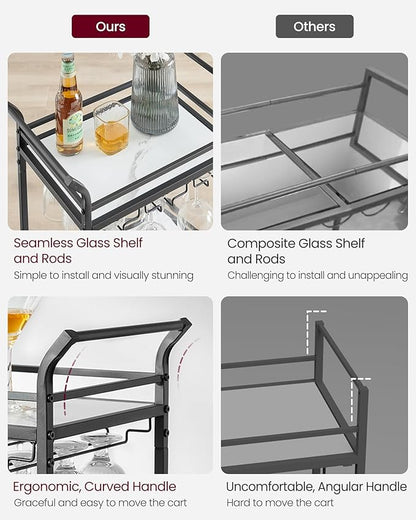 VASAGLE Bar Cart with 3-Tier Shelf, Wine & Glass Holders, Mini Bar for Small Spaces, Black
