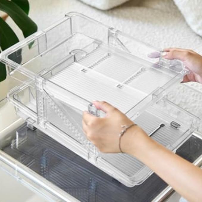Adjustable Soda Can Organizer 2 Layer Clear Expandable Beverage Dispenser with Automatic Rolling Mechanism for Refrigerator, Fridge, Pantry, and Freezer
