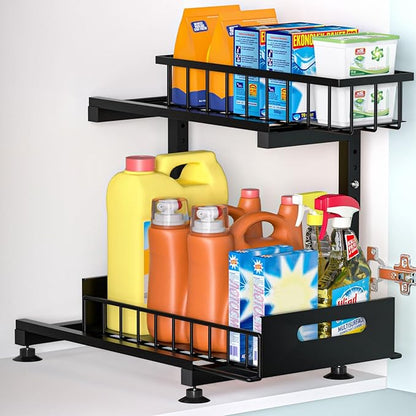 Under Sink Organizer, 2-Tier Premium Metal Pull-Out Racks with Adjustable Height, Heavy Duty Sliding Bin for Bathroom and Kitchen Cabinet Storage, Rust Resistant 1 Pack