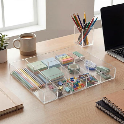 Briwooody Large Acrylic Desk Deep Drawer Organizer with Adjustable Dividers, Anti-Skip Clear Desk Top Organizer Tray for Pens, Desktop, Office, Bathroom, Kitchen, Makeup Supplies(10 Compartments)