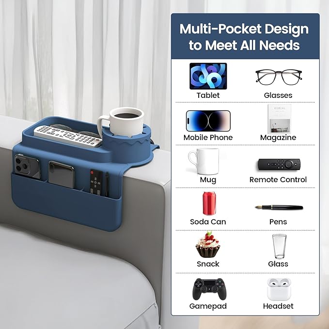 PANZIYU Couch Cup Holder Tray, Silicone Sofa Armrest organizer with Assesory Side Pockets for storage Remotes, Cell-phone,Tablet or Snack, Anti-Spill and Anti-Slip Couch Drink Holder Caddy(Blue)
