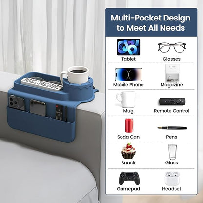 PANZIYU Couch Cup Holder Tray, Silicone Sofa Armrest organizer with Assesory Side Pockets for storage Remotes, Cell-phone,Tablet or Snack, Anti-Spill and Anti-Slip Couch Drink Holder Caddy(Blue)