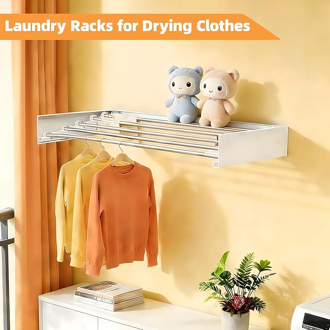 Wall Mounted Clothes Drying Rack 32", Heavy Duty Collapsible Space Saving Laundry Drying Rack with 50 lb Capacity, Drying Rack Clothing Foldable, 5 Rods, White