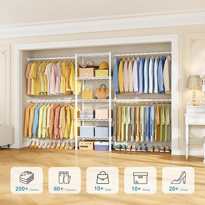 Ulif M2 Wall Mounted Closet System, Clothes Rack Mounted onto the Wall with 4 Expandable Hanger Rods and 5 Metal Shelves, Clothing Organizer Storage in (70.8-102.3)" L x 14.5" D x 71.2" H, White