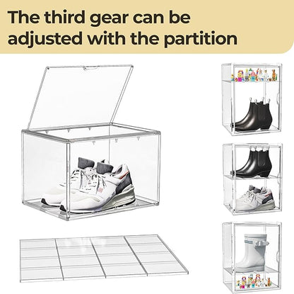 IYINIYI 15.75''x11.81''x9.84'' XX-Large Clear Shoe Storage Boxes with Divider, Stackable Plastic Boot Boxes with Magnetic Door, Acrylic display case Box with Lids for Sneaker Purses Handbags Books (1)