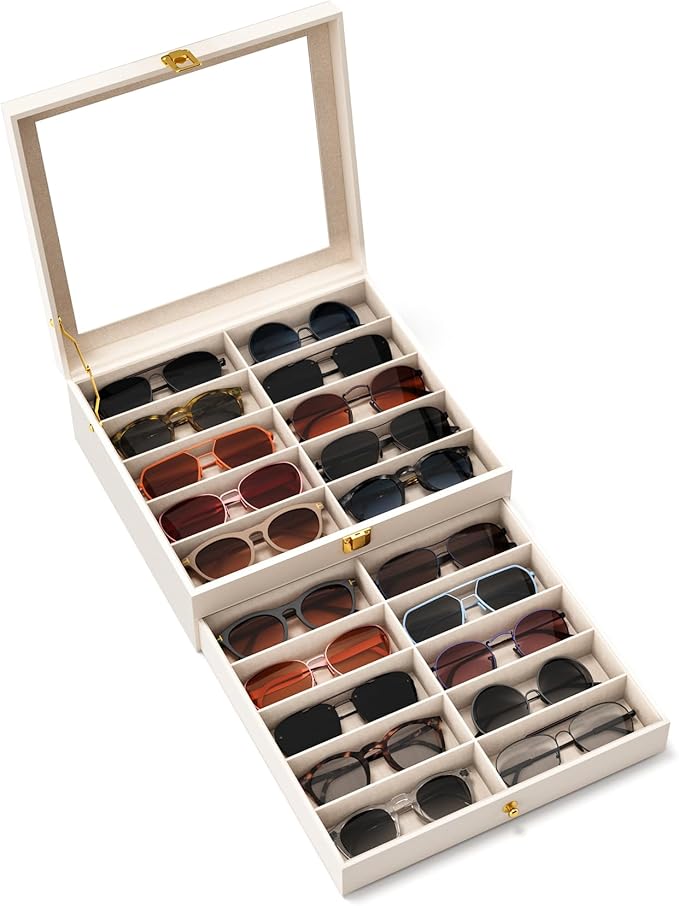 sensok Sunglasses Organizer Storage Box - 20 Slots Eyeglass Display Case for Multiple Pair Glasses, 2-Layer Holder with Clear Glass Lid, Jewelry and Watch Collection Box for Women and Men, White