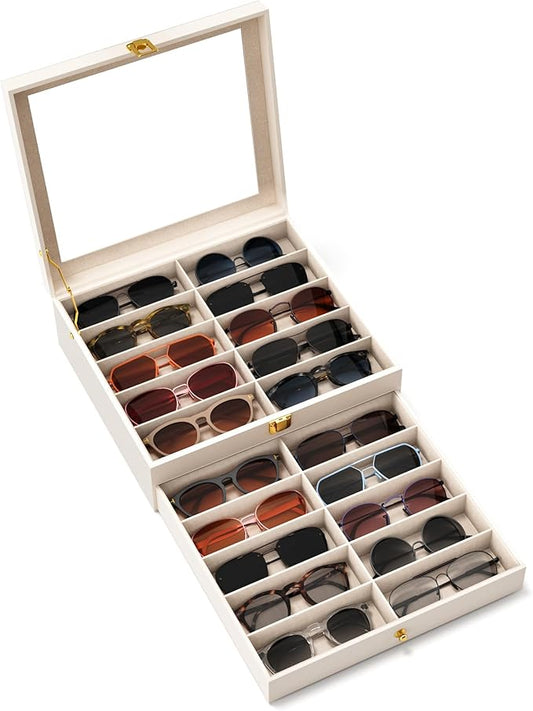 sensok Sunglasses Organizer Storage Box - 20 Slots Eyeglass Display Case for Multiple Pair Glasses, 2-Layer Holder with Clear Glass Lid, Jewelry and Watch Collection Box for Women and Men, White
