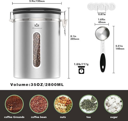 35OZ Airtight Coffee Canister with Lid - 304 Stainless Steel Kitchen Food Storage Container with Window, Date Tracker & Spoon, Suitable for Coffee Beans, Ground Coffee, Tea & Sugar