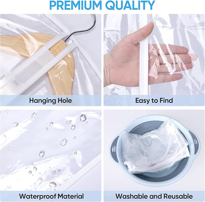 BALEINE 40'' Clear Garment Bags, 6 Packs PEVA Dress Bag for Closet Clothes Dresses Suit Coats Storage (Clear, 6PK)