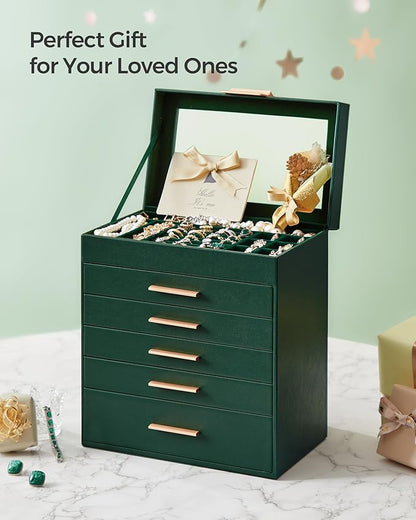 SONGMICS Jewelry Box Organizer with Glass Lid, 6-Layer Jewelry Storage, with 5 Drawers, Modern Style, 6.4 x 9.9 x 11.4 Inches, Forest Green and Gold Color UJBC171C01