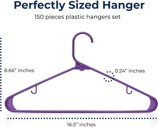 SereneLife 150-Piece Plastic Hangers Set Purple – Non-Slip, Heavy Duty Coat Hangers for Clothes, Space-Saving Durable Closet Organization with 5.5 lbs Weight Capacity Each