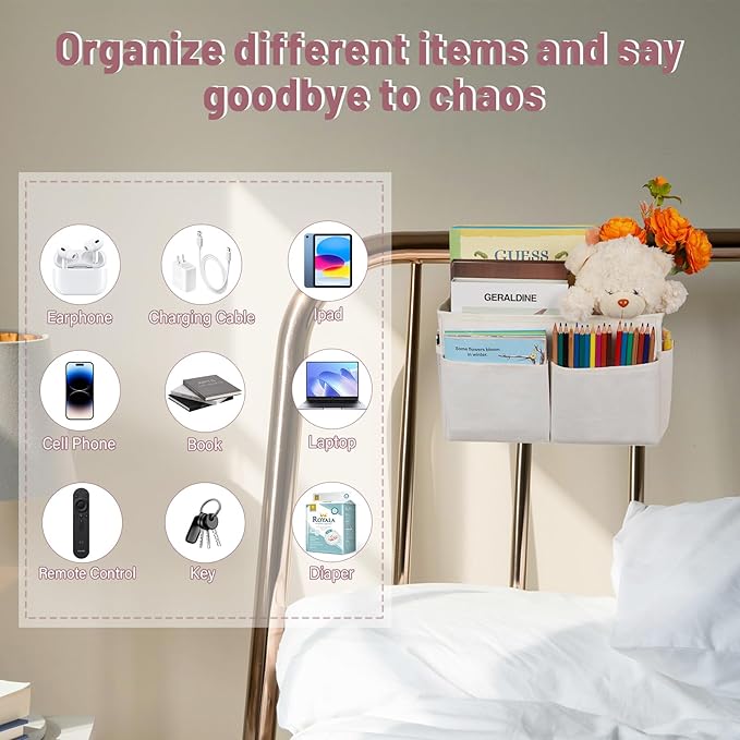 Frjjthchy Bedside Storage Organizer 5 Pockets with 4 Hooks Hanging Storage Bag for Headboards/Bunk Bed (White)