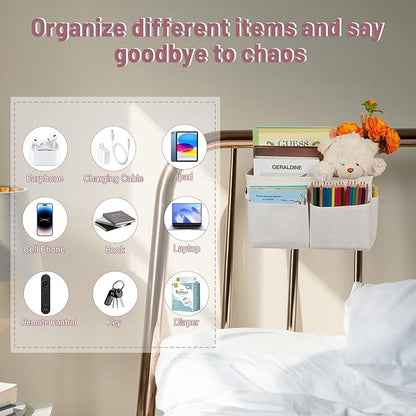 Frjjthchy Bedside Storage Organizer 5 Pockets with 4 Hooks Hanging Storage Bag for Headboards/Bunk Bed (White)