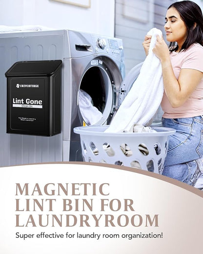 COZYCOTTAGE Magnetic Lint Bin for Laundry Room Organization and Storage With Brush & Hooks - Wall Mounted Dryer Lint Trash Can for Laundry Room Decor (Black)