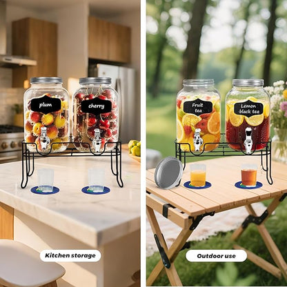 2-Pack 1.25 Gallon Glass Laundry Detergent Dispensers with Stainless Steel Faucets - Effortless Pouring, with Screw Lid, Stand, and Rubber Drip Mats for Fabric Softener & Laundry Soap