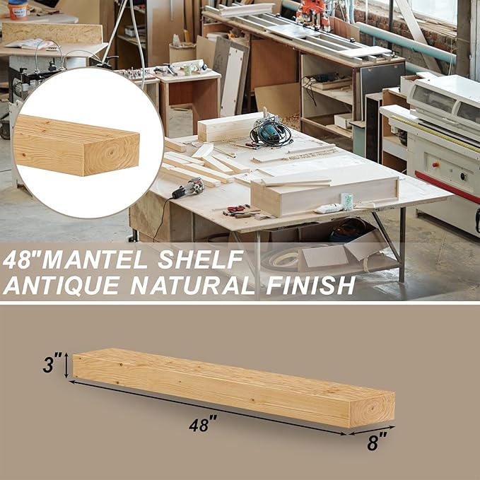 ROOMTEC Fireplace Mantel,48" Wood Floating Fireplace Shelves,Wall Mounted Wooden Display Shelving,Handcrafted Wood Brack,Natural Mantels Over Fireplace | 48" x 8" x 3"-Clear Varnished Natural Wood
