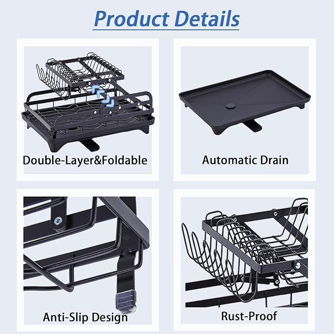 HOISIMDY 2 Tier Dish Drying Rack Automatic Drainage Board Space-Saving for Kitchen Counter with Cups Holder