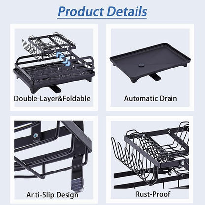 HOISIMDY 2 Tier Dish Drying Rack Automatic Drainage Board Space-Saving for Kitchen Counter with Cups Holder