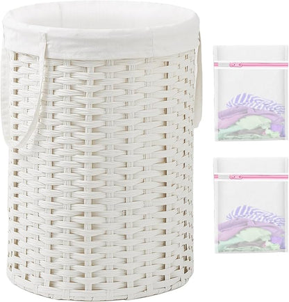 Laundry Basket Round Rattan Laundry Hamper 29.1 Gal(110 L) Handwoven Large Wicker Basket with Handles, Wicker Hamper with Removable Bags and 2 Mesh Bags for Bathroom Living Room White(No Lid)