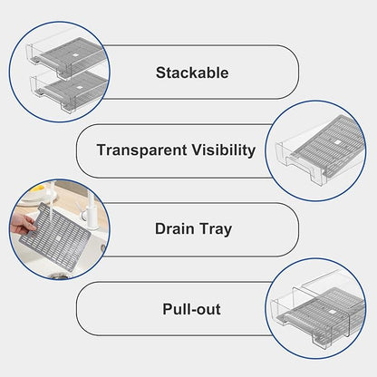 Pull Out Clear Fridge Organizer Drawers with Drainer, Refrigerator Stackable Storage Bins for Kitchen Fruit & Veggie Organization (Complete Set)